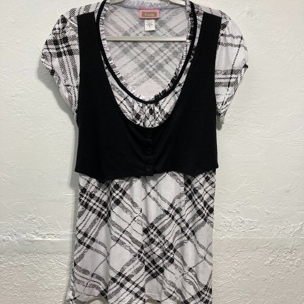 Vintage K-Mode Babydoll Top Vested Short Sleeve Tie Back Plaid White Black 3X